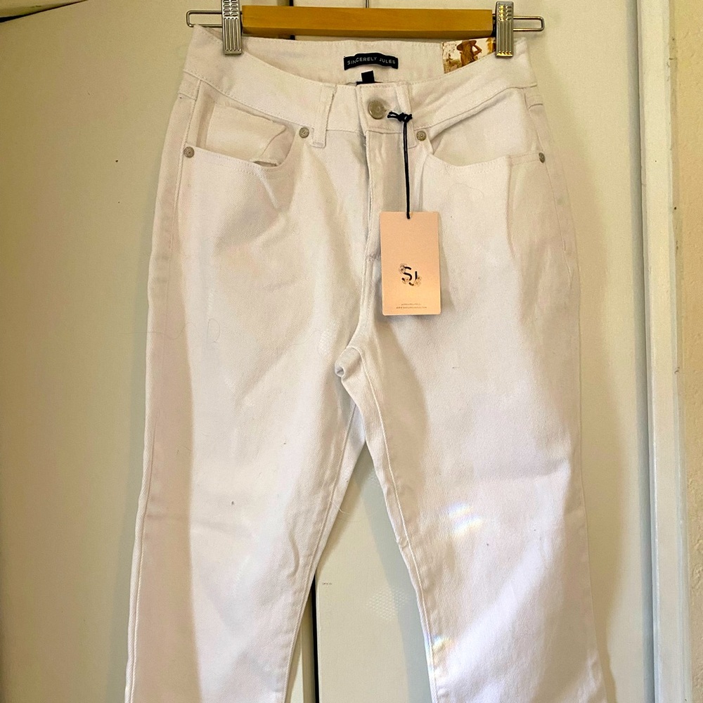 Sincerely Jules High Rise kick bell crop white jeans